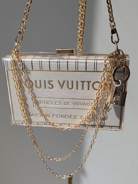 Upcycled Stripe Logo Box Clutch with Brown Braided Handle and Gold Chains